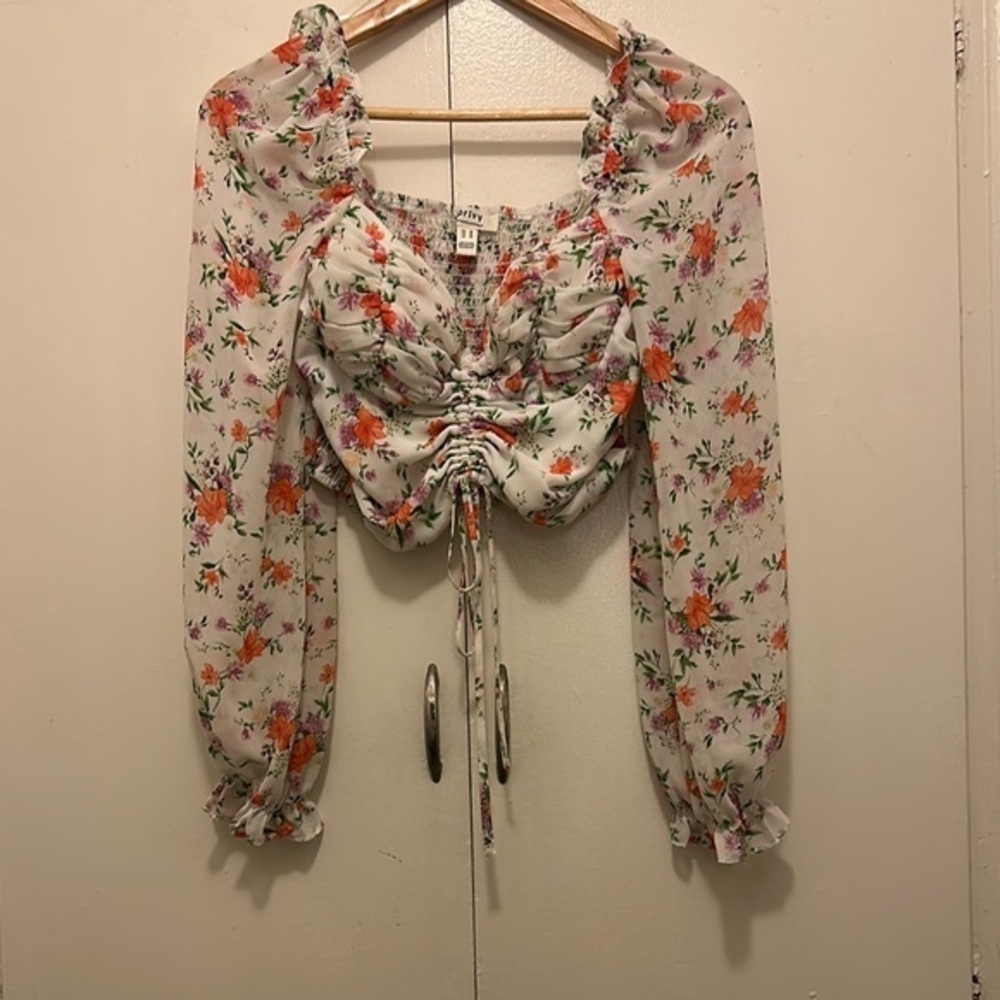 Privy White and Cream Ruched Tie Front Long Sleeve Blouse
